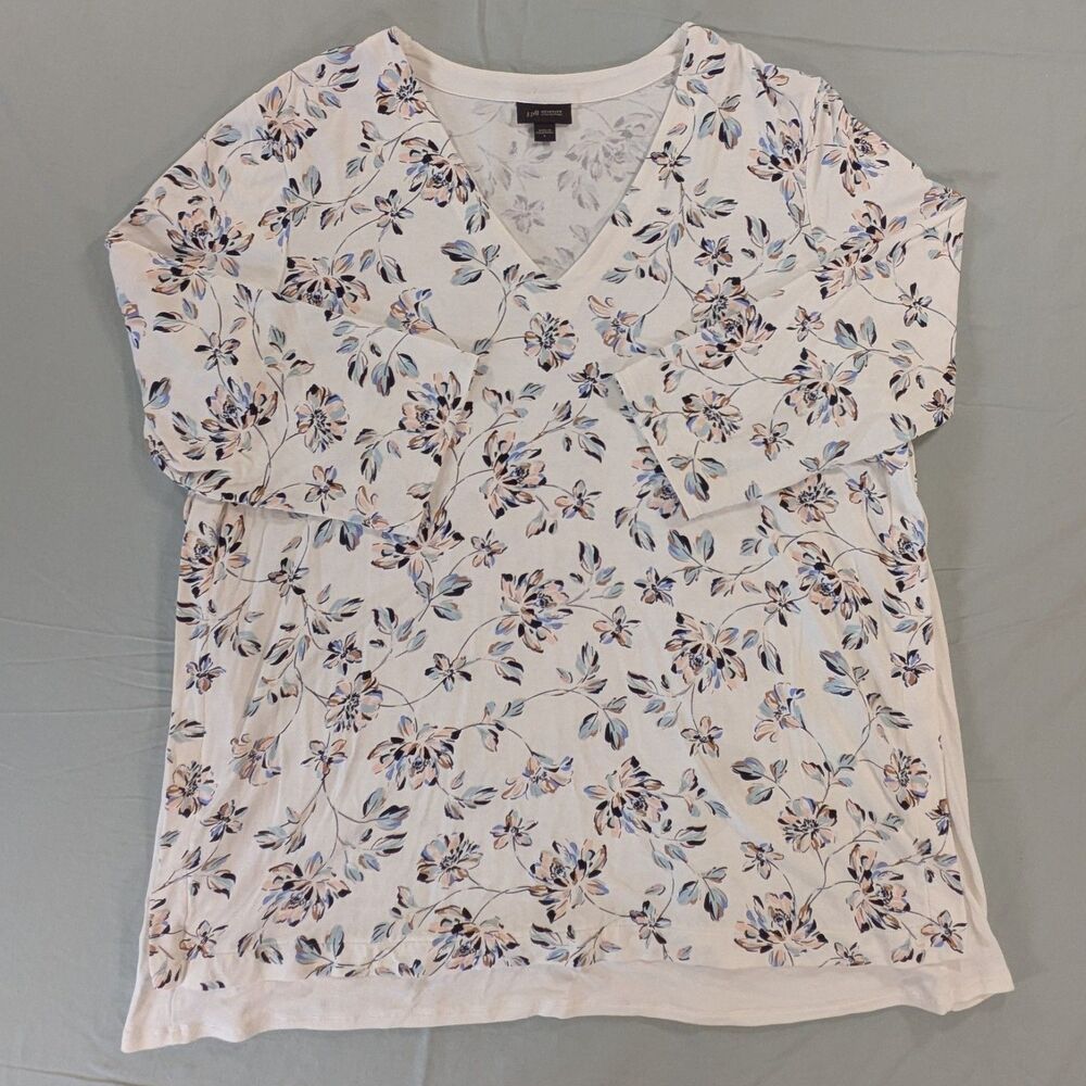 J. Jill Wearever Women's White Floral V-Neck 3/4 Sleeve Tunic Blouse Large
